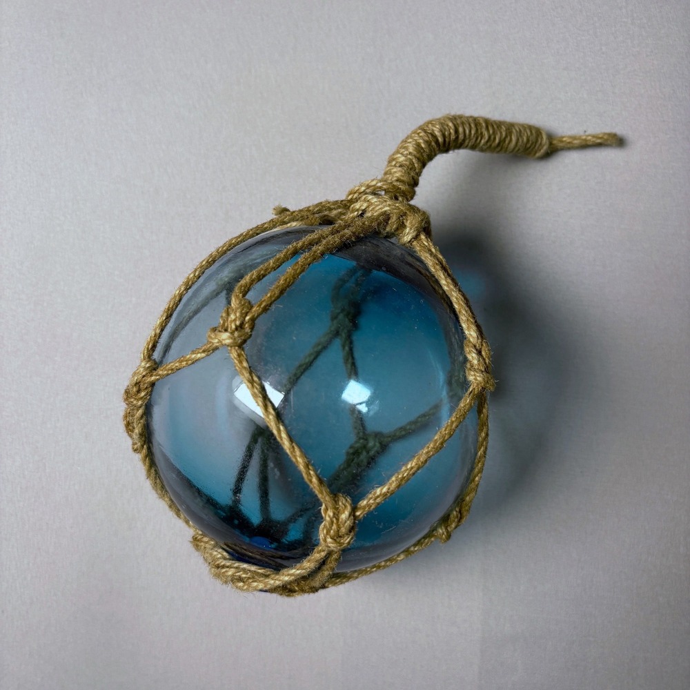 Vintage Style Blue Glass Fishing Float Nautical Decor with Jute Rope Netting